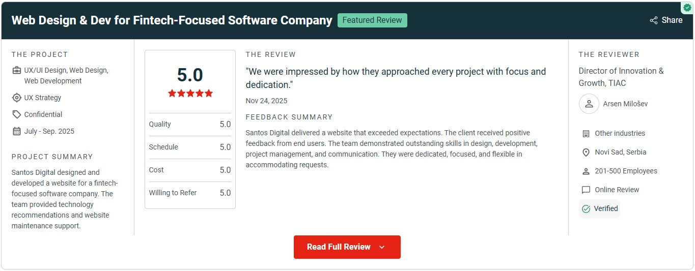 Clutch featured review: Web Design & Dev for Fintech-Focused Software Company - Arsen Milosev, Director of Innovation & Growth, TIAC - 5.0