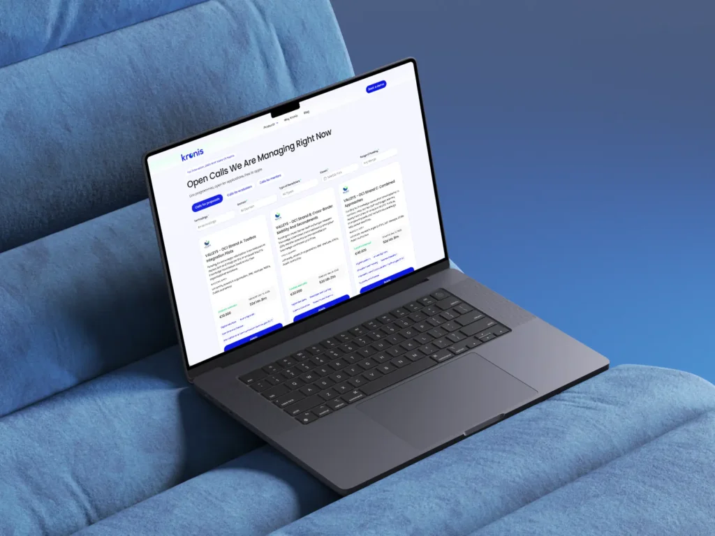 Kronis Apply lista otvorenih poziva sa aktuelnim mogućnostima finansiranja, rokovima i filterima, prikazana na laptopu